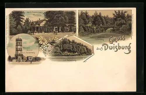 Lithographie Duisburg, Waldrestaurant Monning, Wasserturm und Curtiusdenkmal