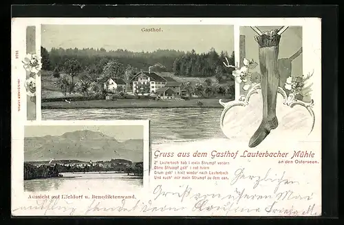 AK Iffeldorf, Gasthof Lauterbacher Mühle an den Osterseen, Aussicht auf den Ort mit Benediktenwand