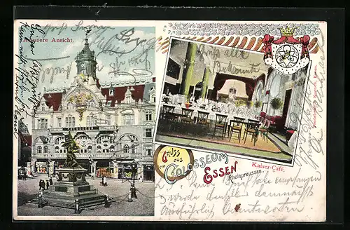 Lithographie Essen /Rheinpreussen, Gasthaus Colosseum mit Denkmal, Inneres Kaiser-Cafe