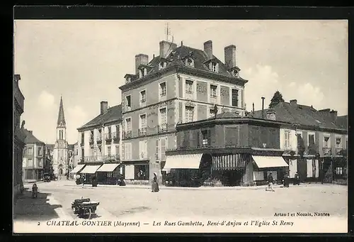 AK Chateau-Gontier, Les Rues Gambetta, Renè-d`Anjou et l`Eglise St Remy