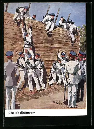 Künstler-AK Döbrich-Steglitz: Marinesoldaten bei einer Kletterübung an einer Holzwand