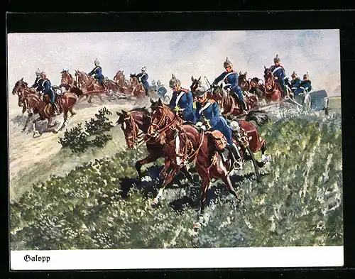 Künstler-AK Döbrich-Steglitz: Galopp einer Artillerieeinheit