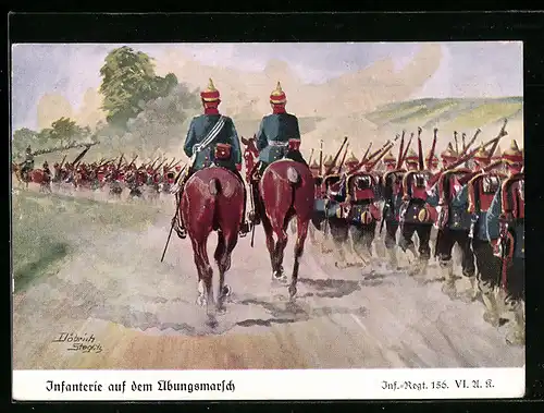 Künstler-AK Döbrich-Steglitz: Infanterie Regt. 156 auf dem Übungsmarsch