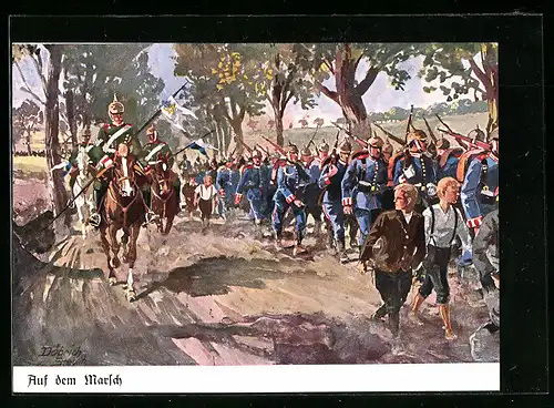 Künstler-AK Döbrich-Steglitz: Auf dem Marsch, Inf.-Leib-Regt. I. B. 1814