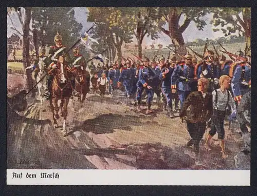 Künstler-AK Döbrich-Steglitz: Infanterie und Kavallerie auf dem Marsch