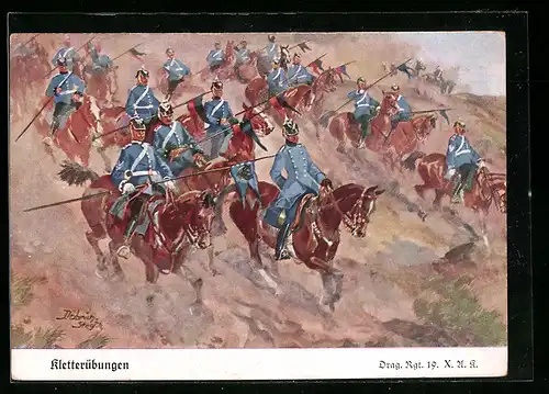 Künstler-AK Döbrich-Steglitz: Kletterübungen, Drag.-Rgt. 19. X.