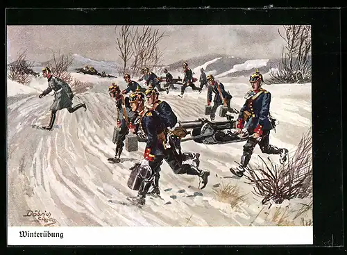 Künstler-AK Döbrich-Steglitz: Soldaten eines Infanterie-Regiments bei einer Winterübung mit MGs