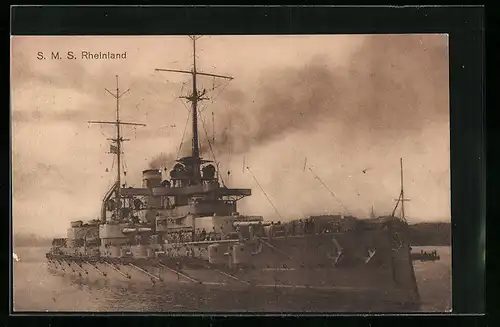 AK S.M.S. Rheinland, das Kriegsschiff vor der Küste