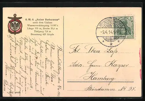 AK Kriegsschiff S. M. S. Kaiser Barbarossa in Fahrt