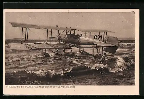 AK Französisches Marineflugzeug Breguet Doppeldecker, Wasserflugzeug