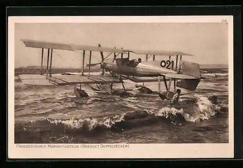 AK Französisches Marineflugzeug Breguet Doppeldecker, Wasserflugzeug