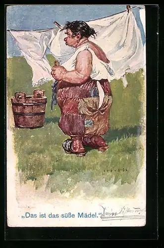 Künstler-AK Hans Hanke: übergewichtige Frau hängt ihre Wäsche auf die Leine