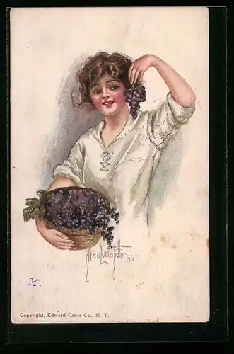 Künstler-AK Alice Luella Fidler: American Girl No. 28, Hübsches Mädchen mit einem Korb roter Trauben
