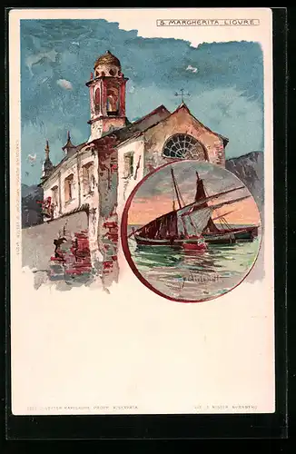 Künstler-AK Manuel Wielandt: S. Margherita Ligure, Kirche, Segelboote