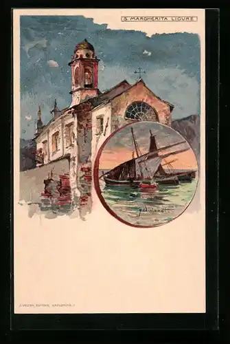 Künstler-AK Manuel Wielandt: S. Margherita Ligure, Kirche, Segelboote