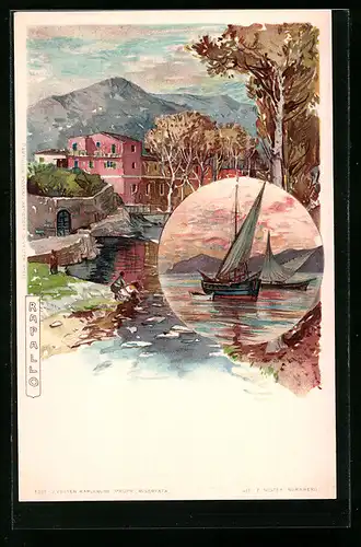 Künstler-AK Manuel Wielandt: Rapallo, Uferpartie, Zwei Segelboote in Fahrt