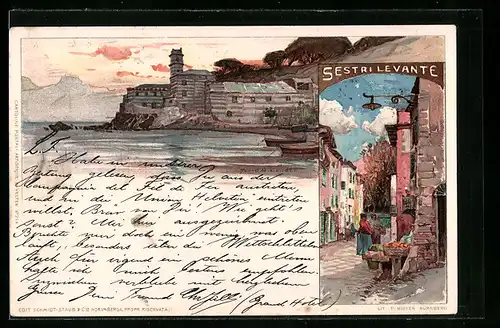 Künstler-AK Manuel Wielandt: Sestri Levante, Händlerinnen in der Stadt, Boote am Ufer