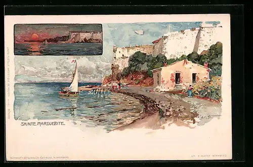 Künstler-AK Sainte Marguerite, Teilansicht mit Bucht, Teilansicht bei Sonnenuntergang