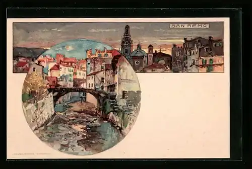 Künstler-AK San Remo, Teilansicht mit Brücke