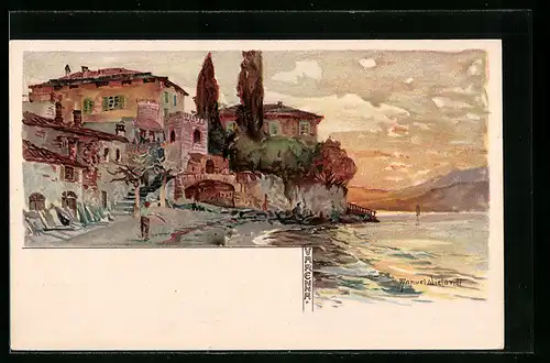 Künstler-AK Varenna, Ortspartie am See
