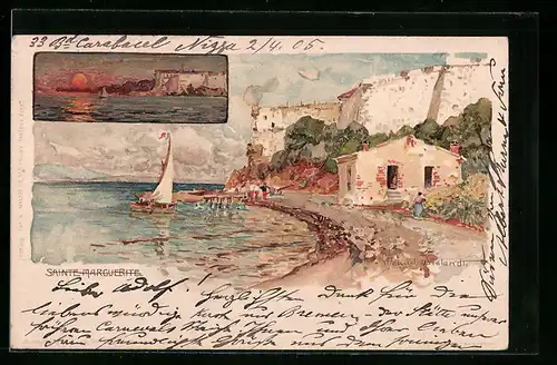 Künstler-AK Sainte Marguerite, Teilansicht mit Bucht, Teilansicht bei Sonnenuntergang