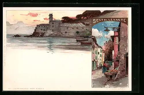 Künstler-AK Manuel Wielandt: Sestri Levante, Händlerinnen in der Stadt, Boote am Ufer