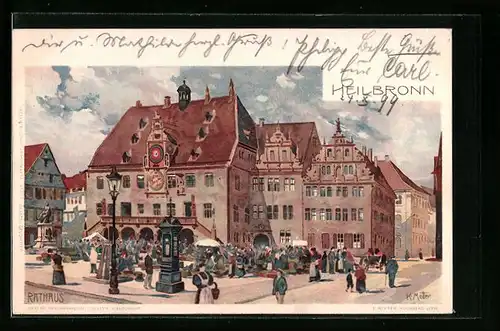 Künstler-AK Karl Mutter: Heilbronn, Rathaus mit Marktbetrieb