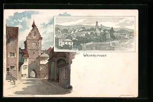 Künstler-AK K. Mutter: Überlingen, Ortspartie mit Tor, Totalansicht