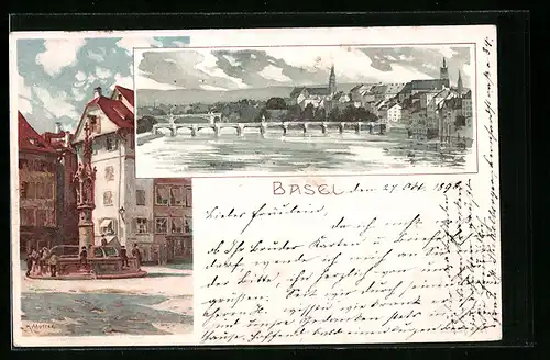 Lithographie Basel, Teilansicht mit Brücken, Platz mit Brunnen und Säule