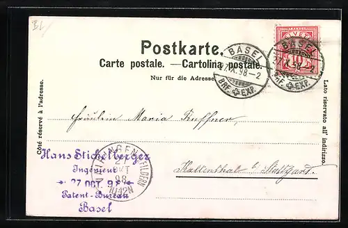 Lithographie Basel, Teilansicht mit Brücken, Platz mit Brunnen und Säule