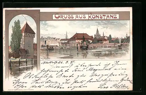 Künstler-AK Karl Mutter: Konstanz, Schiffsanleger am Bodenseeufer