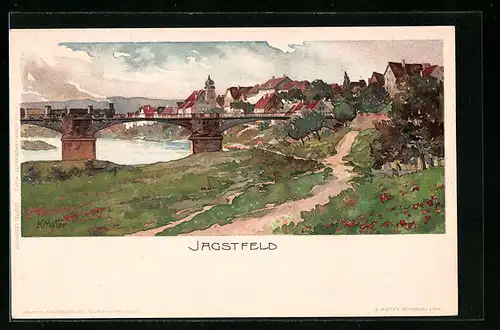 Künstler-AK Karl Mutter: Jagstfeld, Uferpartie mit Brücke