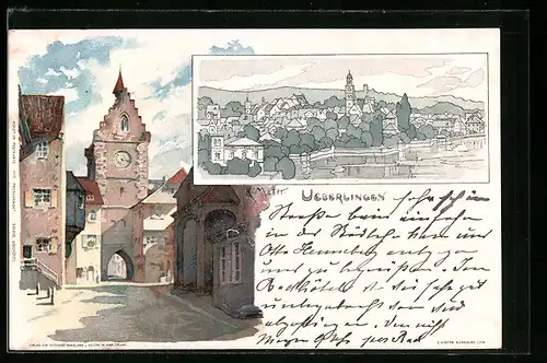 Künstler-AK K. Mutter: Überlingen, Ortspartie mit Tor, Totalansicht