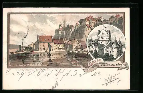 Künstler-AK Karl Mutter: Meersburg, Ortspartie mit Hafen, Schloss