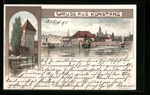 Künstler-AK Karl Mutter: Konstanz, Schiffsanleger am Bodenseeufer