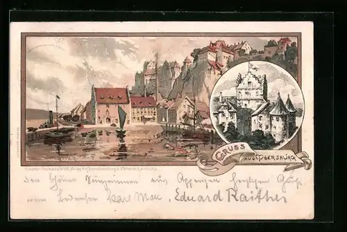 Künstler-AK Karl Mutter: Meersburg, Ortspartie mit Hafen, Schloss