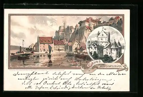 Künstler-AK K. Mutter: Meersburg, Burgansicht, Teilansicht mit Booten