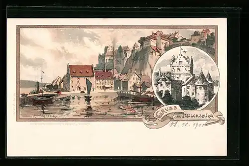 Künstler-AK Karl Mutter: Meersburg, Ortsansicht mit Hafen