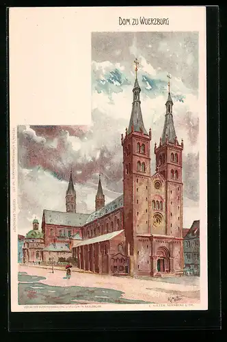 Künstler-Lithographie Karl Mutter: Würzburg, Strassenpartie am Dom