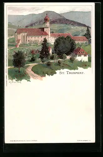 Lithographie St. Trudpert, Ortspartie mit Kirche
