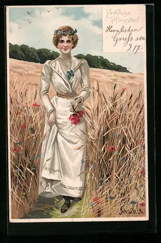 Künstler-AK Alfred Mailick: Junge Frau auf einer Blumenwiese