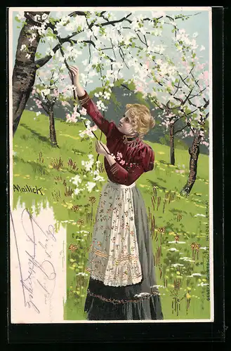 Künstler-AK Alfred Mailick: Junge Dame greift nach einem blühenden Zweig am Baum