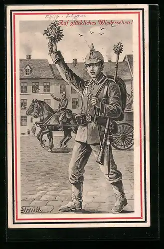 Künstler-AK Alfred Mailick: Soldat mit Pickelhaube und Blumen