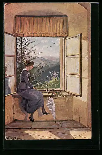 Künstler-AK Alfred Mailick: Frau sitzt am offenen Fenster und blickt über die Landschaft