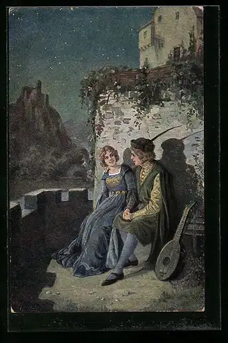 Künstler-AK Alfred Mailick: Pärchen im Burggärtlein bei Nacht