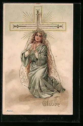 AK Frau betet am Kreuz, Faith, Allegorie