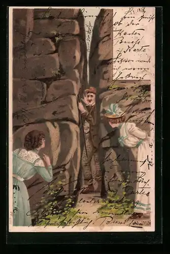 Künstler-AK Alfred Mailick: Zwei Frauen schauen zu Herrn zwischen zwei Felsen