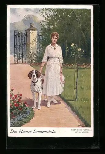 Künstler-AK Alfred Mailick: Dame in Sommerkleidung mit Hund im Garten, Des Hauses Sonnenschein