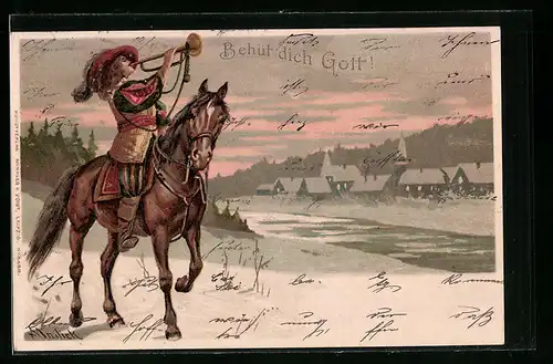 Künstler-AK Alfred Mailick: Trompeter auf Pferd in winterlicher Landschaft