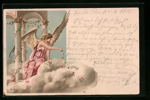 Künstler-AK Alfred Mailick: Engel mit Blumen auf Wolke